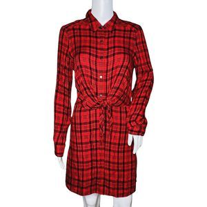 Express Dress‎ Womens XS Red Black Plaid Shirt Dress Twist Front Office Casual